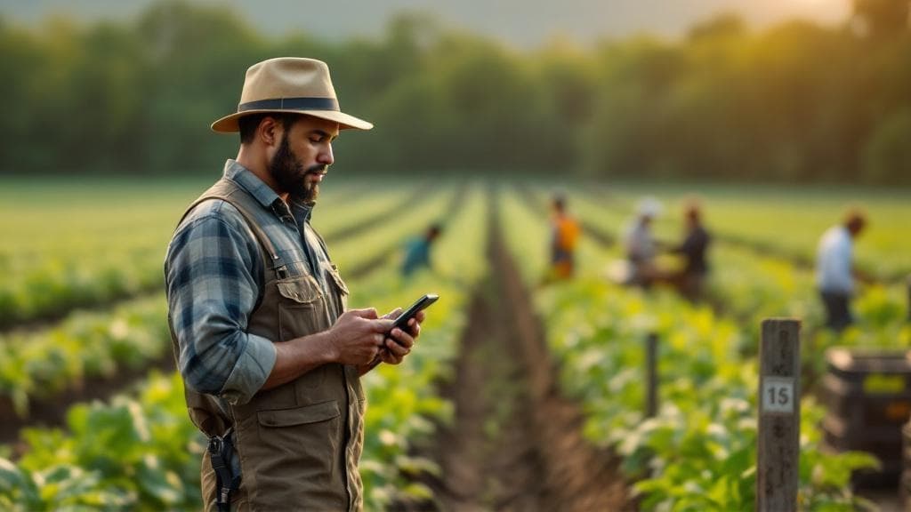 Field supervisor recording data on a mobile device in a plantation block